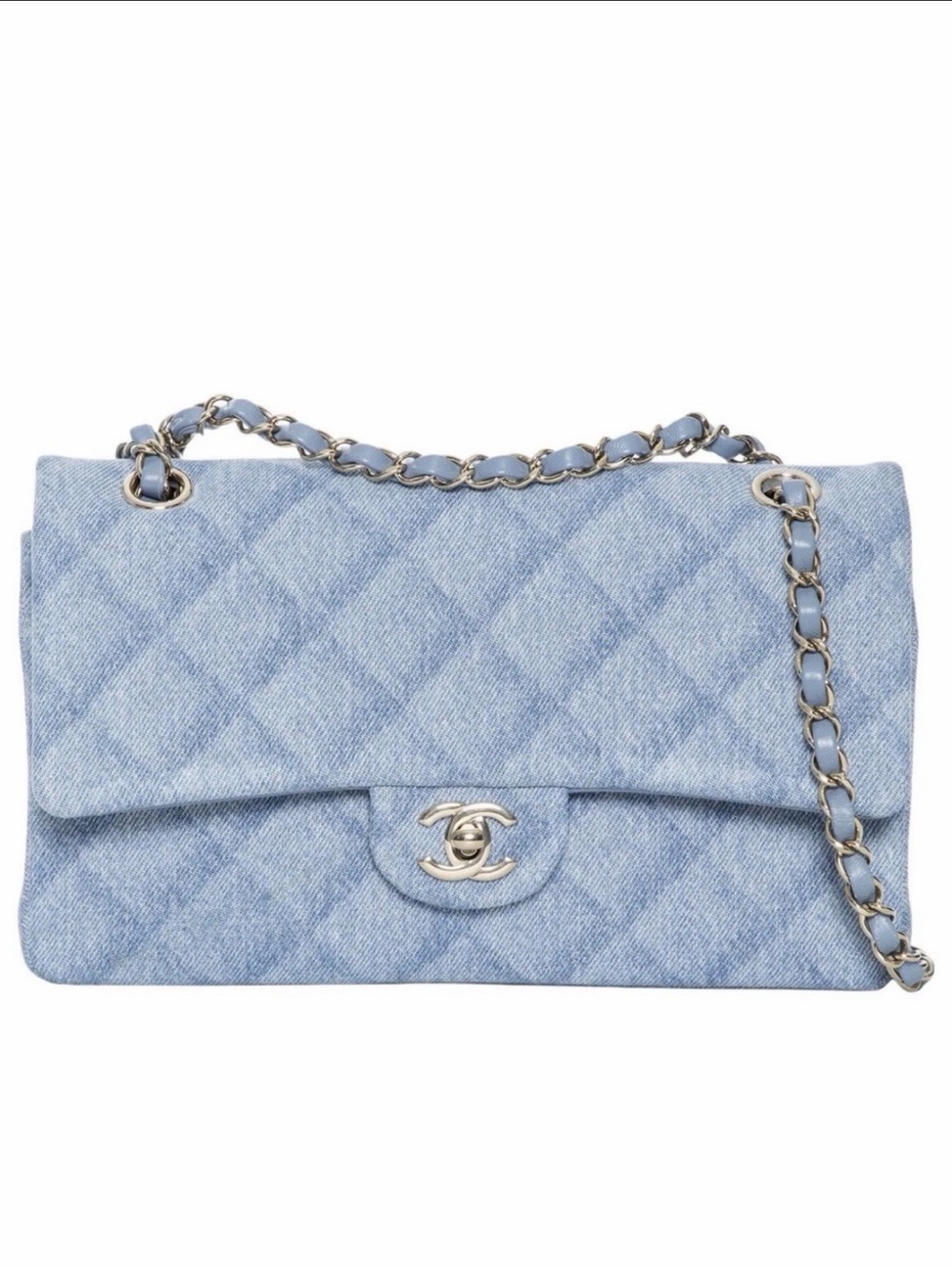 CHANEL Light Blue Quilted Denim Shoulder Bag with Chain Strap